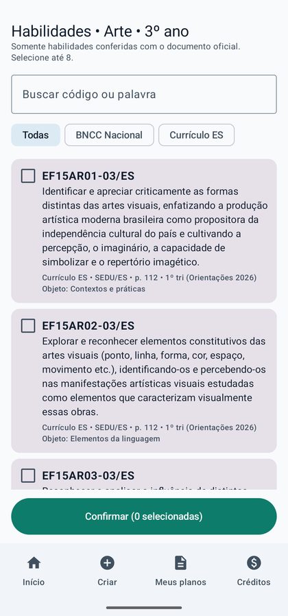 Lista de habilidades com código, texto oficial, fonte, página e trimestre