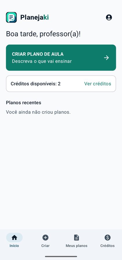 Tela inicial com saldo e planos recentes