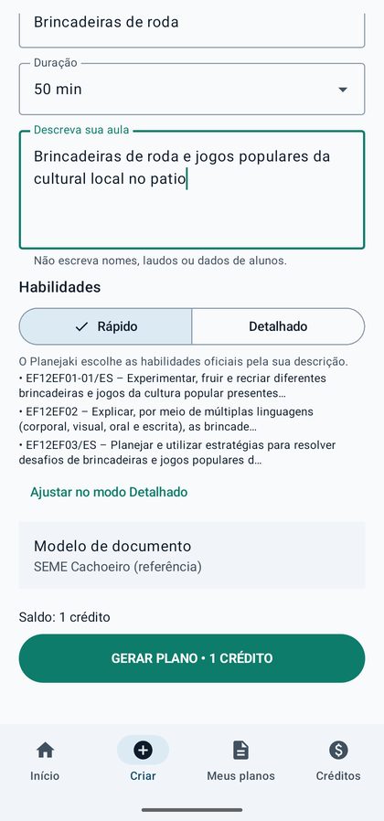 Tela de criação de plano do PlanejaKi mostrando habilidades escolhidas automaticamente